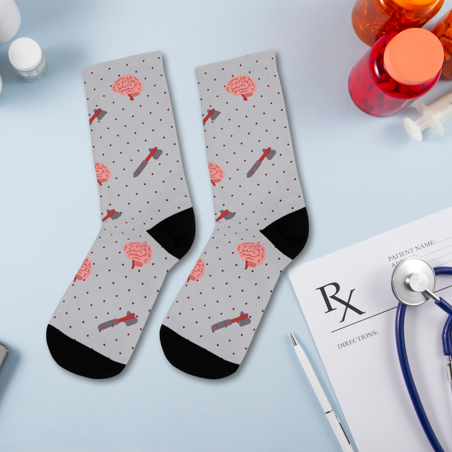 Grey Brain and reflex hammer white socks, Neurology, Neurologist socks, Neurosurgery, Brain