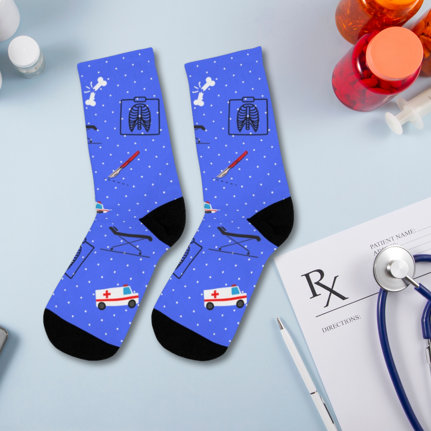 Blue Emergency Medicine socks, ER doctor, trauma surgeon, ER nurse, ER tech, paramedic gift.