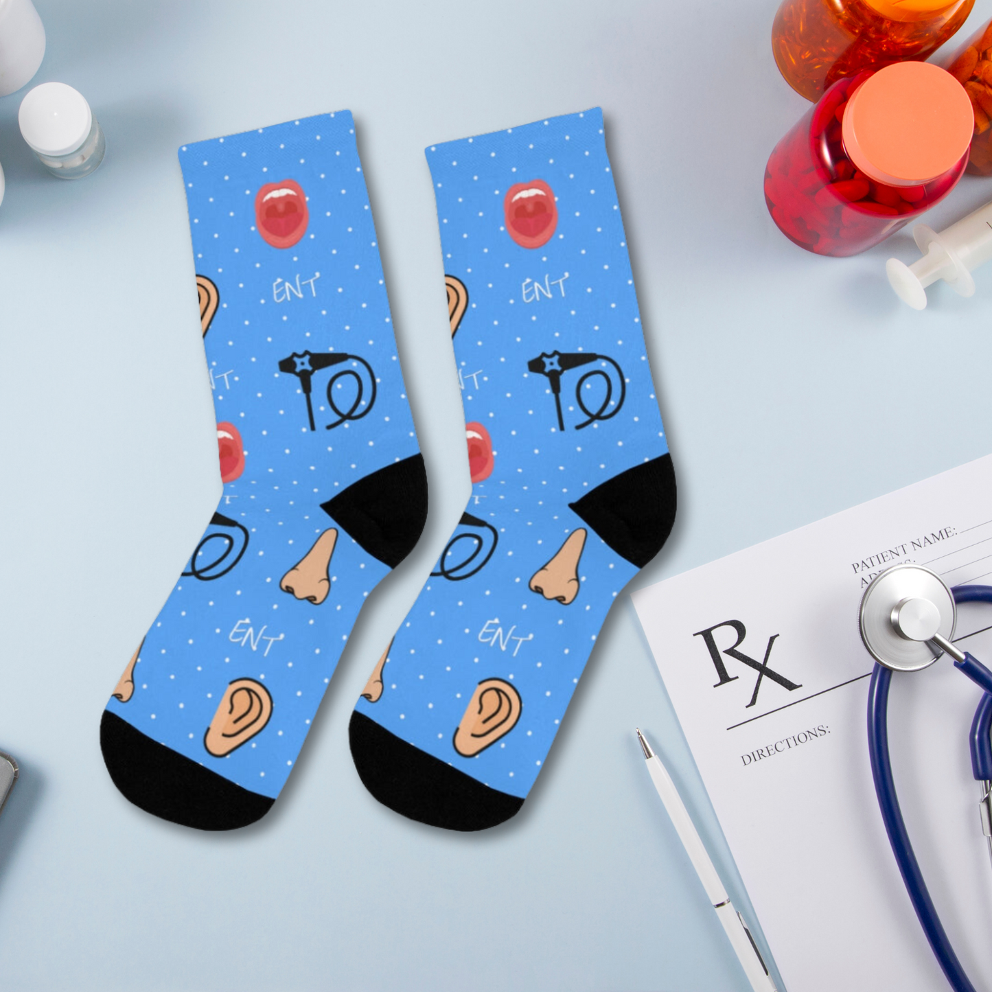 Blue ENT socks, Ear nose and throat doctor, doctor socks, Otoscope, otolaryngology, endoscope, nose doctor, nose surgeon, throat surgeon, ear surgeon,