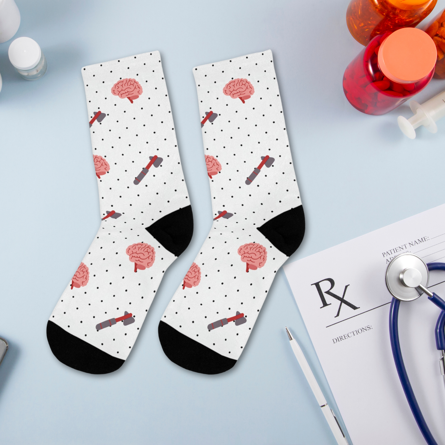 Brain and reflex hammer white socks, Neurology, Neurologist socks, Neurosurgery, Brain