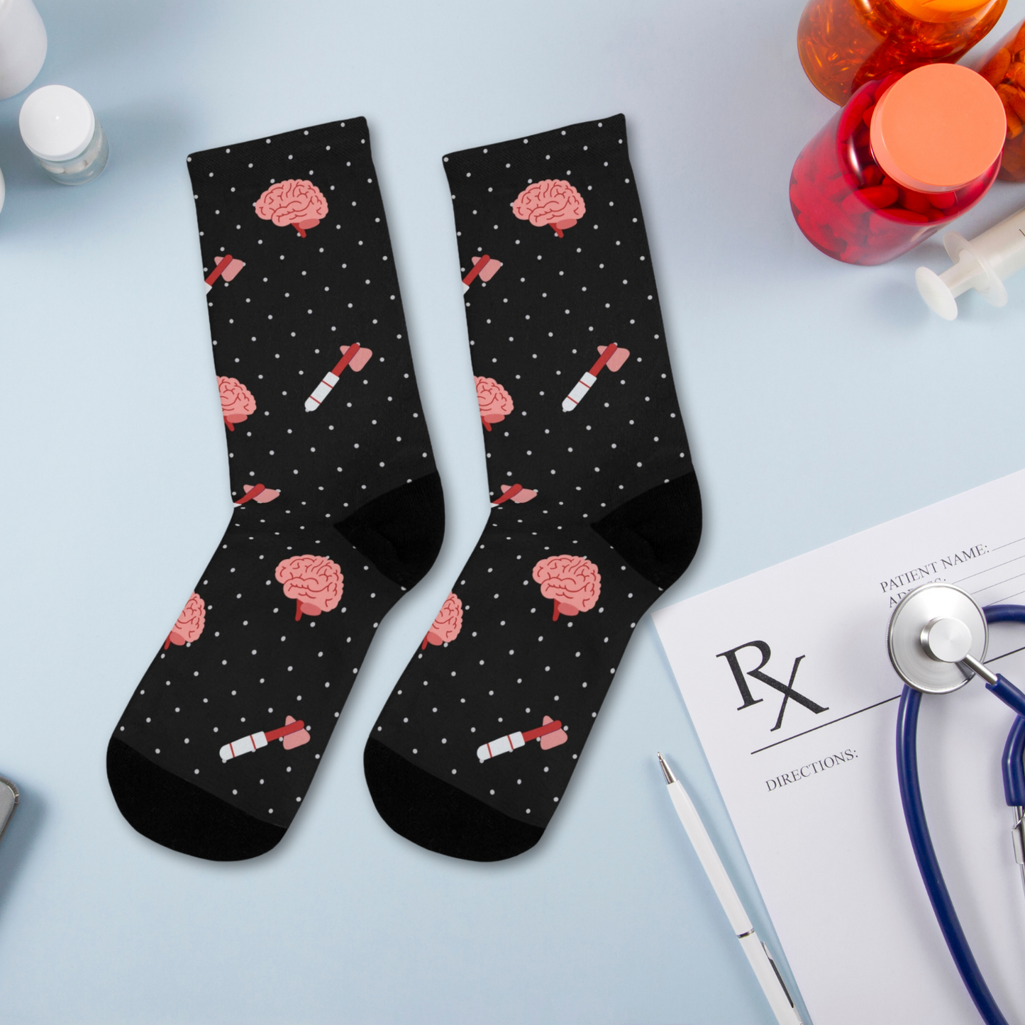 Black Brain and reflex hammer white socks, Neurology, Neurologist socks, Neurosurgery, Brain