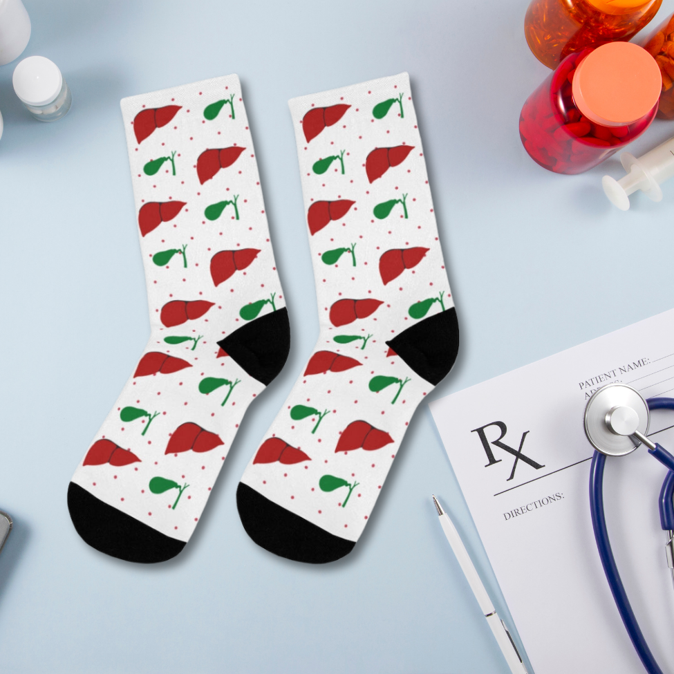 White Liver and Gallbladder socks, hepatology, hepatobiliary, doctor socks, nurse socks, surgeon gift.