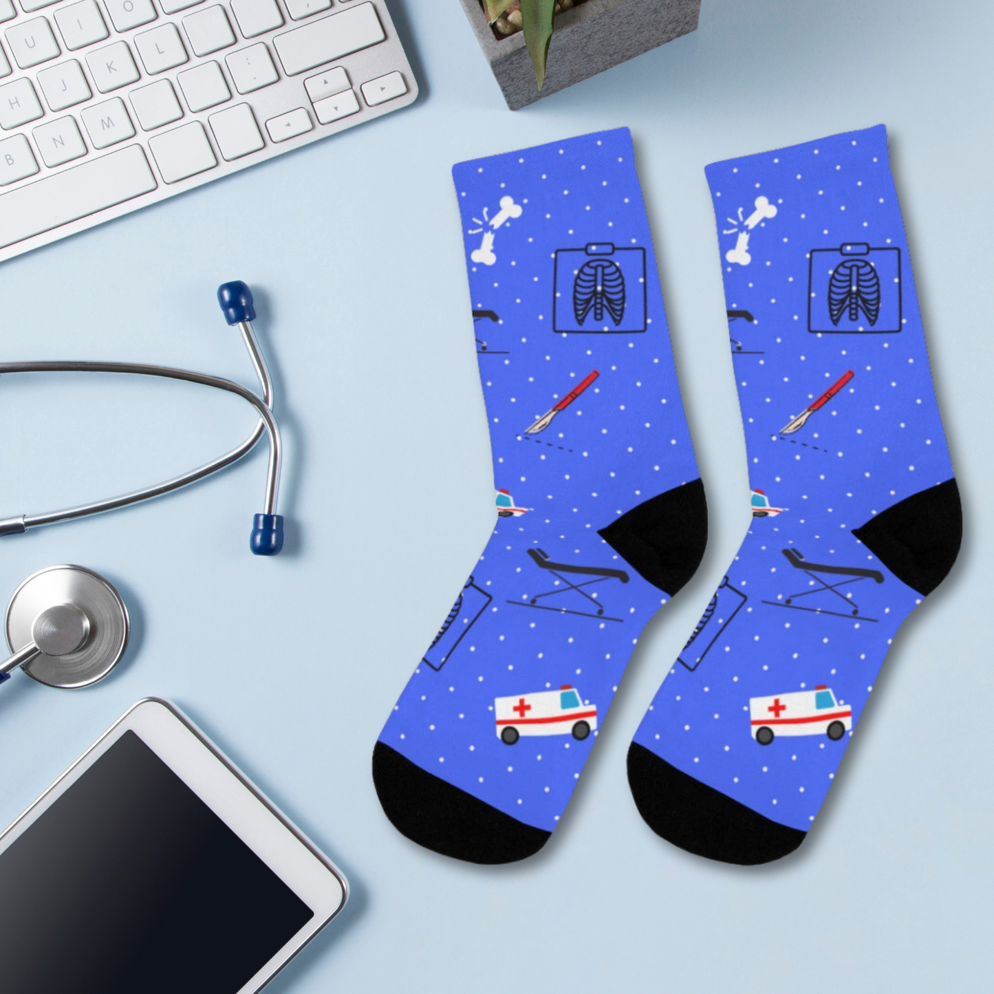 Blue Emergency Medicine socks, ER doctor, trauma surgeon, ER nurse, ER tech, paramedic gift.