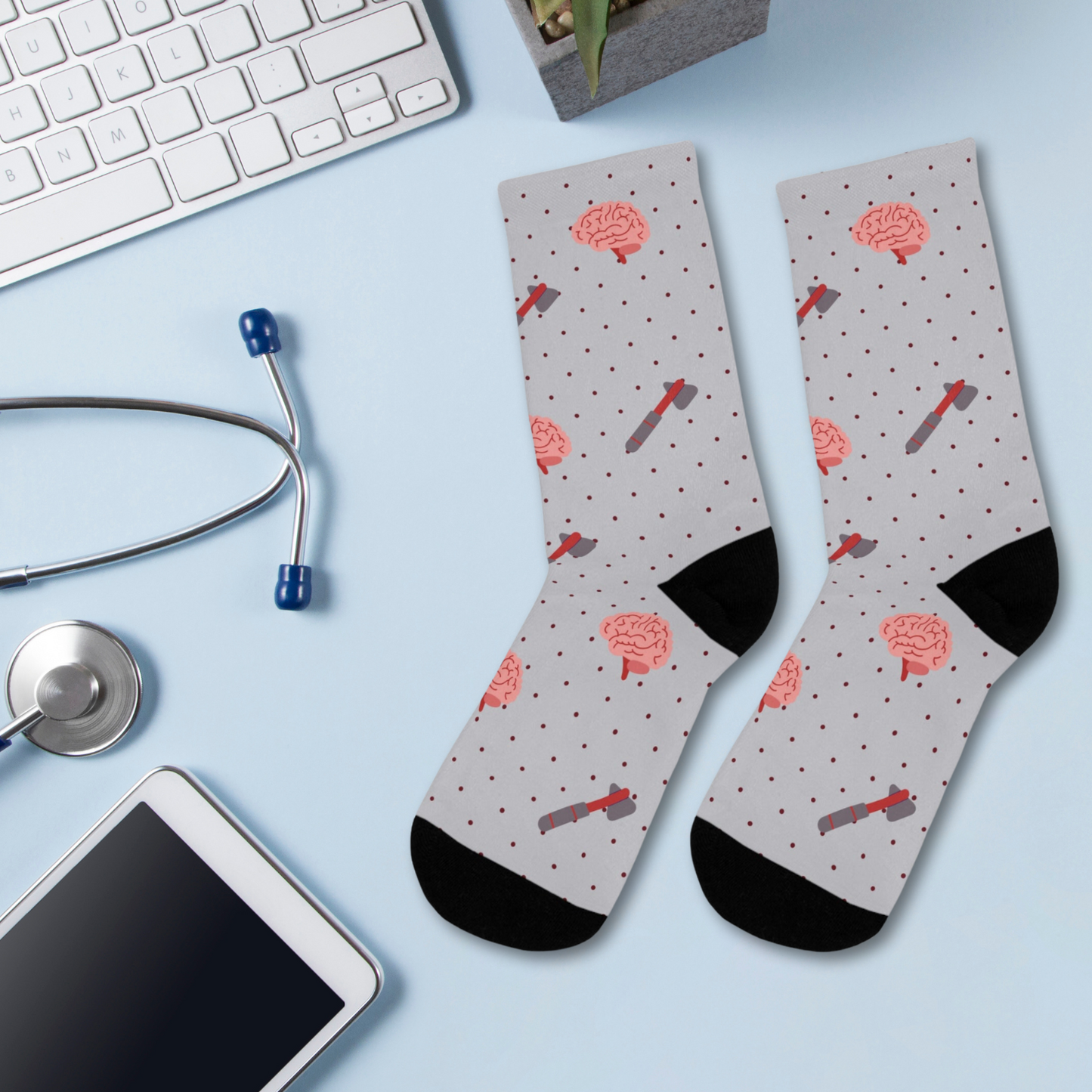 Grey Brain and reflex hammer white socks, Neurology, Neurologist socks, Neurosurgery, Brain