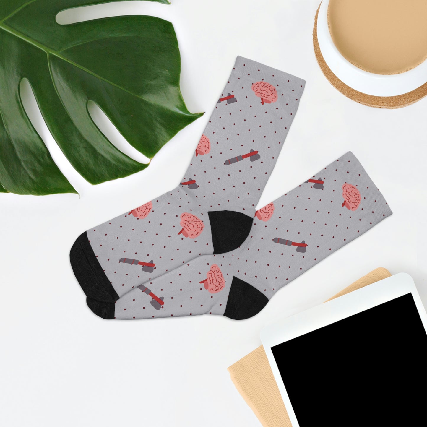 Grey Brain and reflex hammer white socks, Neurology, Neurologist socks, Neurosurgery, Brain