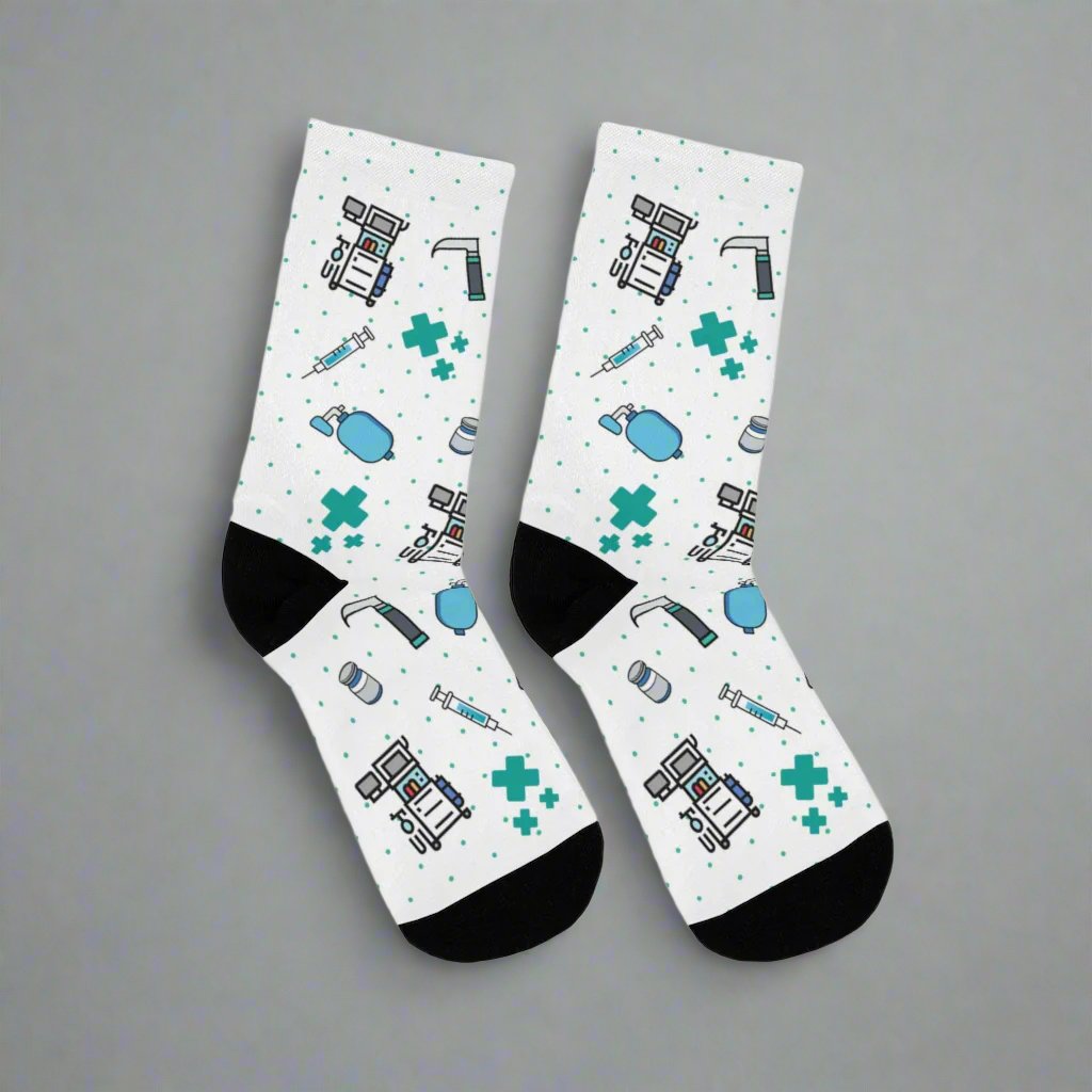 White Anesthesia socks, CRNA, anesthetist, anesthesiologist, surgery socks, SRNA, nurse anesthetist gift
