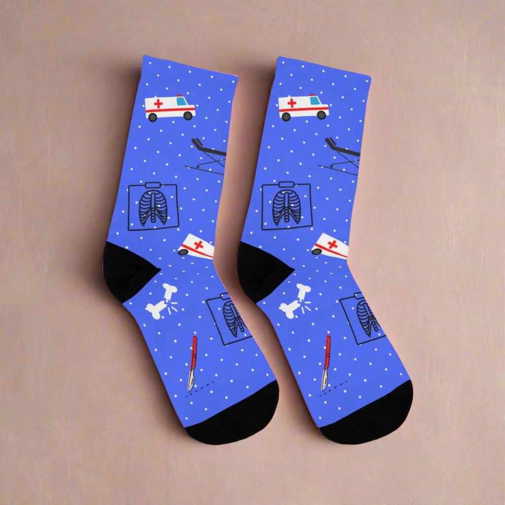 Blue Emergency Medicine socks, ER doctor, trauma surgeon, ER nurse, ER tech, paramedic gift.