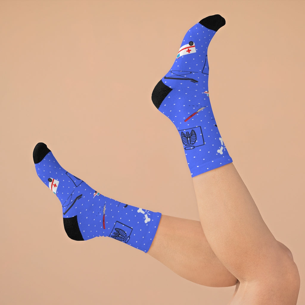 Blue Emergency Medicine socks, ER doctor, trauma surgeon, ER nurse, ER tech, paramedic gift.