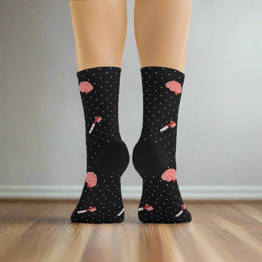 Black Brain and reflex hammer white socks, Neurology, Neurologist socks, Neurosurgery, Brain