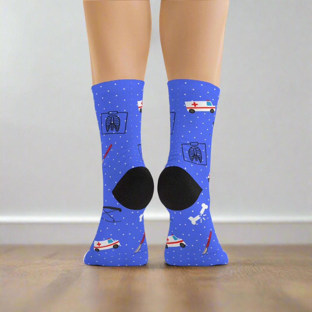 Blue Emergency Medicine socks, ER doctor, trauma surgeon, ER nurse, ER tech, paramedic gift.