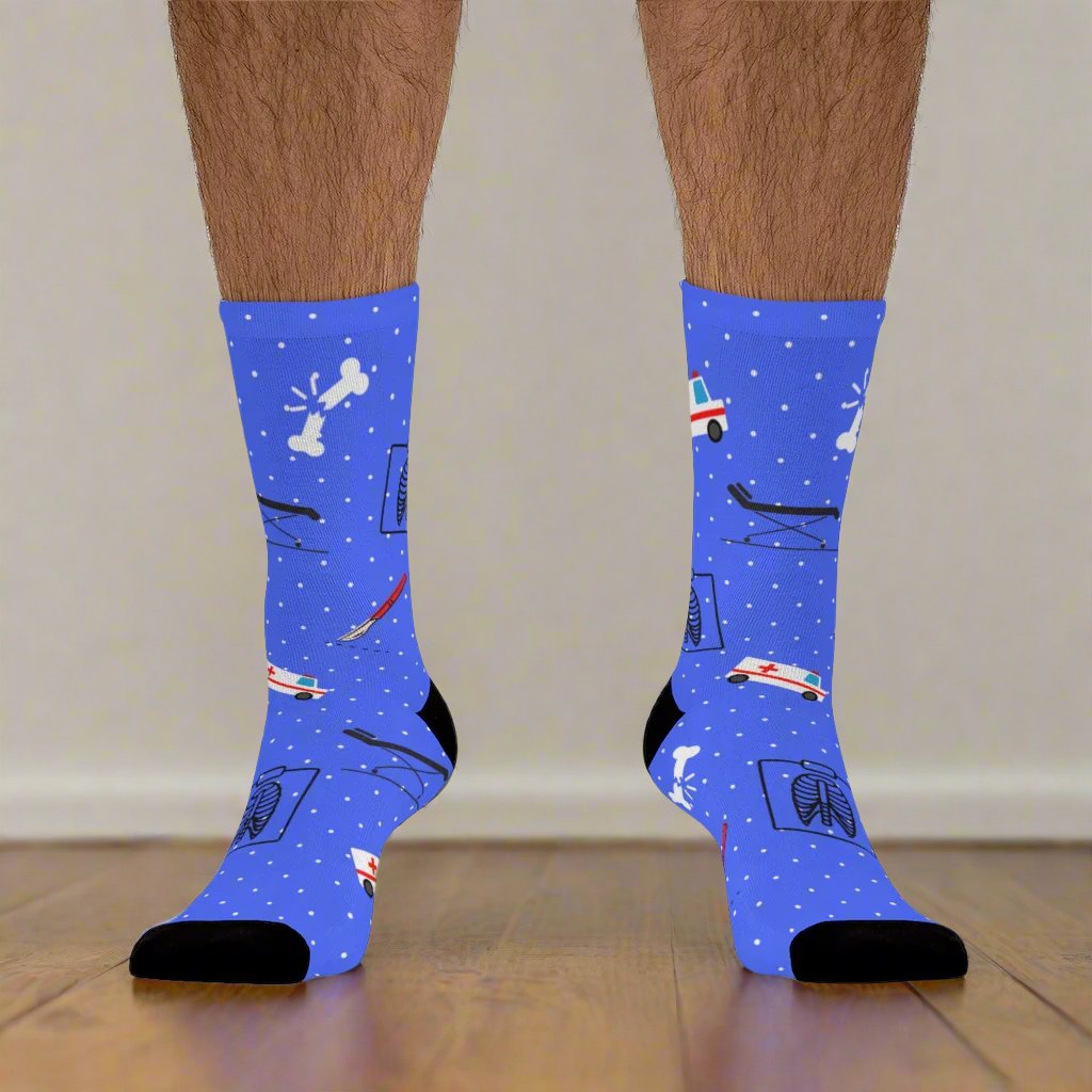 Blue Emergency Medicine socks, ER doctor, trauma surgeon, ER nurse, ER tech, paramedic gift.