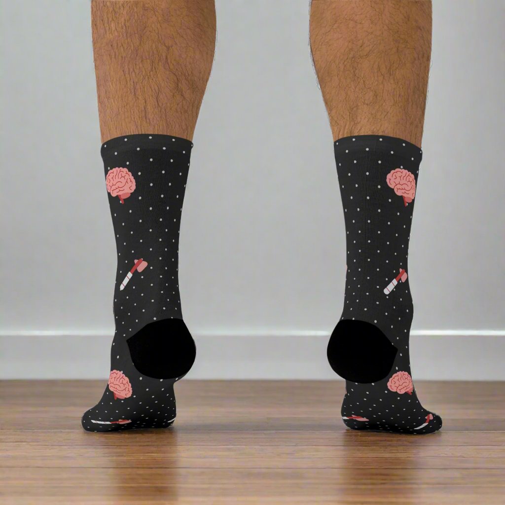 Black Brain and reflex hammer white socks, Neurology, Neurologist socks, Neurosurgery, Brain
