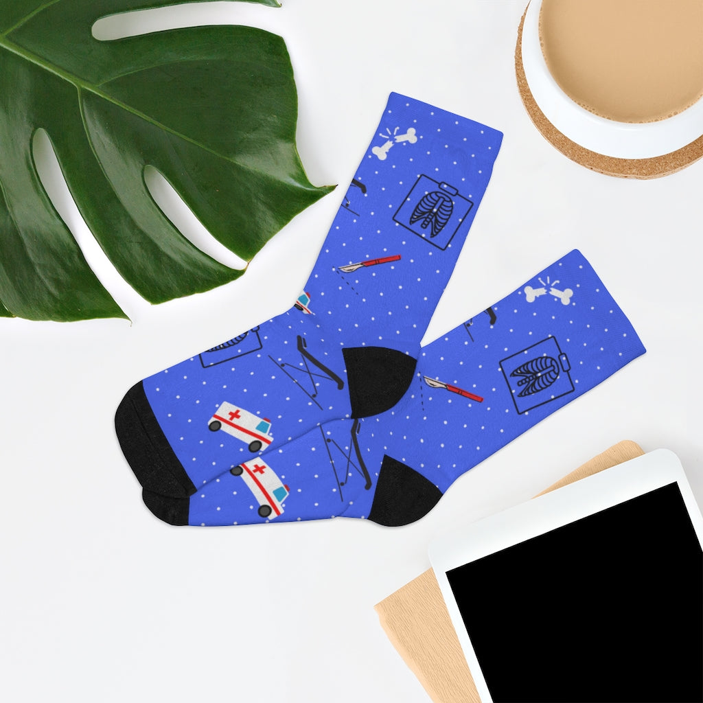 Blue Emergency Medicine socks, ER doctor, trauma surgeon, ER nurse, ER tech, paramedic gift.