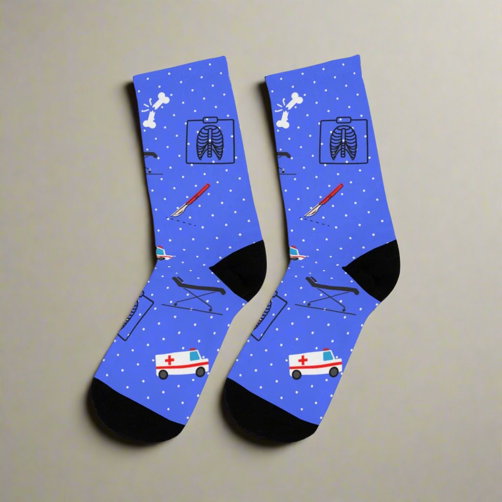 Blue Emergency Medicine socks, ER doctor, trauma surgeon, ER nurse, ER tech, paramedic gift.