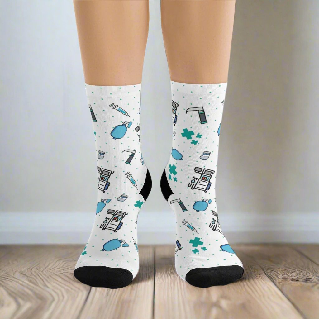White Anesthesia socks, CRNA, anesthetist, anesthesiologist, surgery socks, SRNA, nurse anesthetist gift