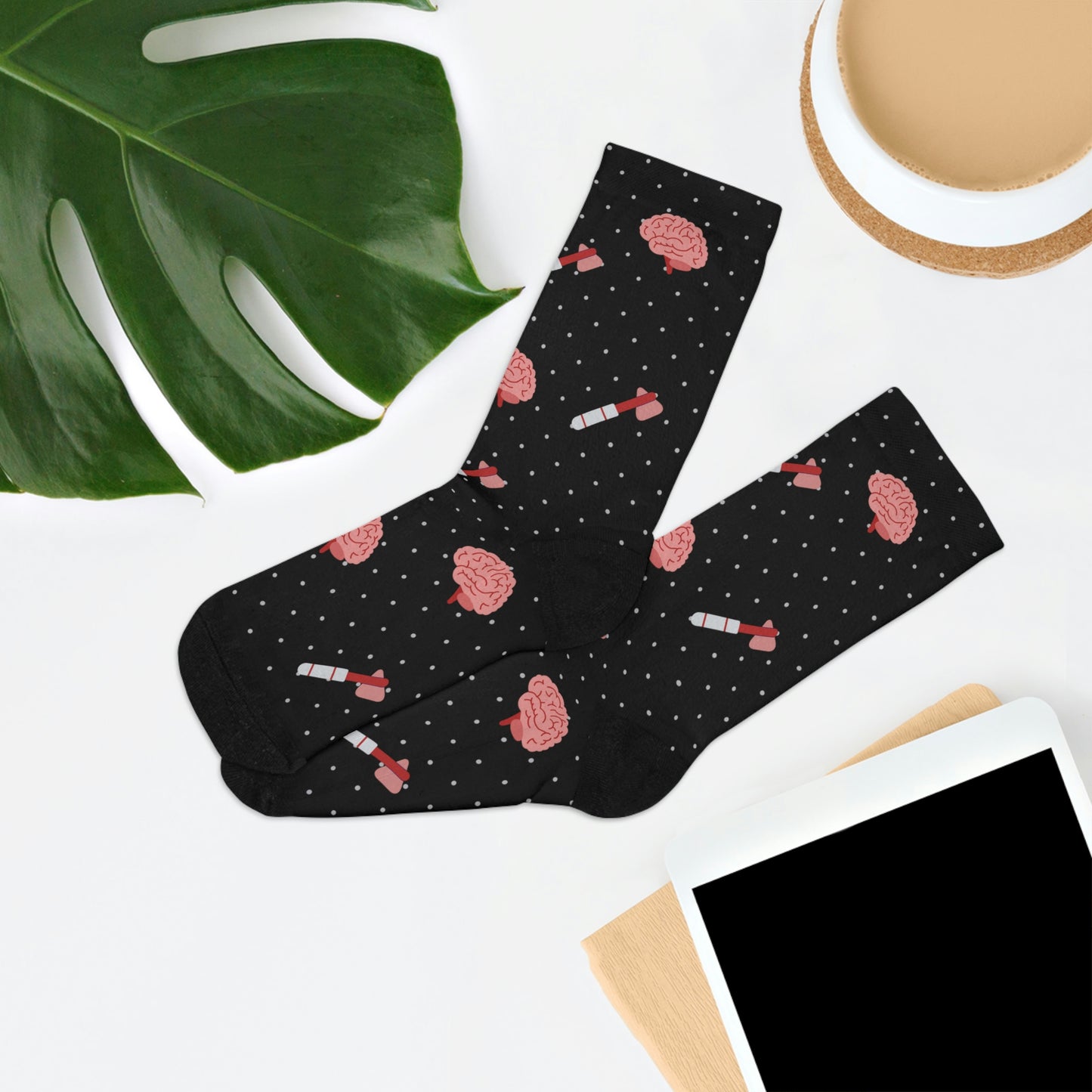 Black Brain and reflex hammer white socks, Neurology, Neurologist socks, Neurosurgery, Brain
