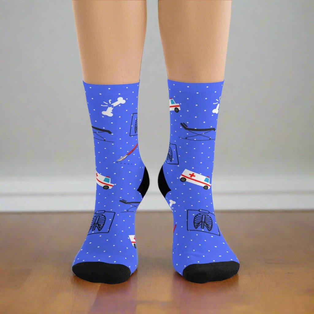 Blue Emergency Medicine socks, ER doctor, trauma surgeon, ER nurse, ER tech, paramedic gift.