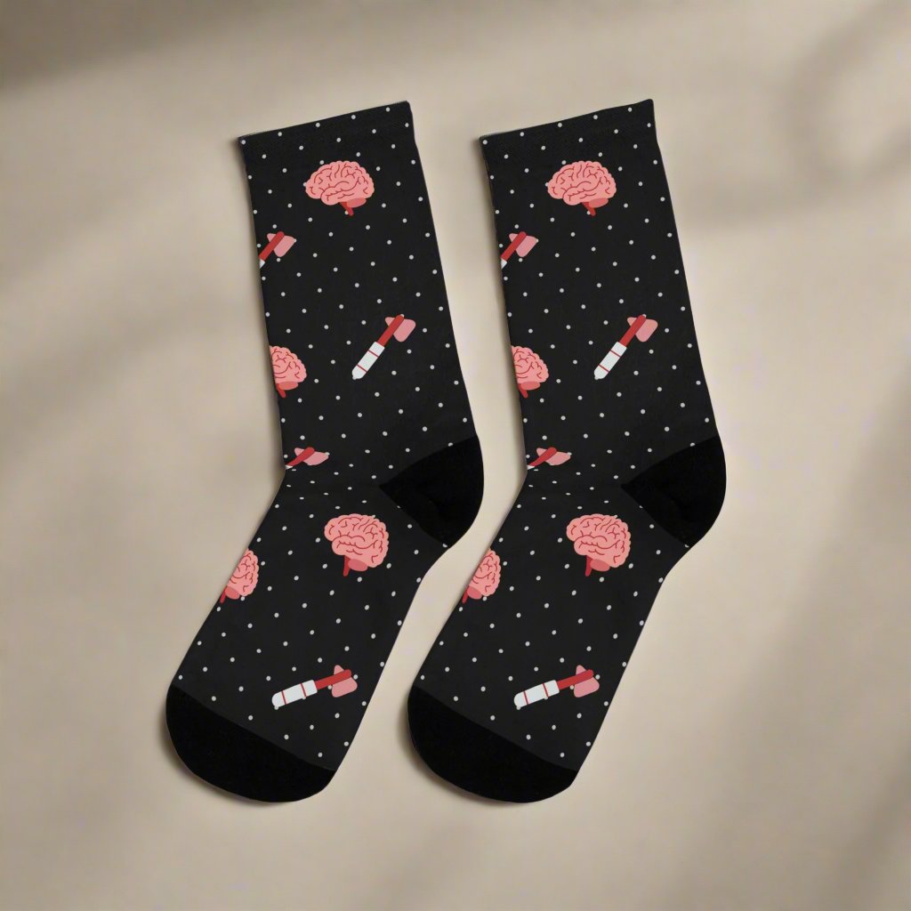 Black Brain and reflex hammer white socks, Neurology, Neurologist socks, Neurosurgery, Brain