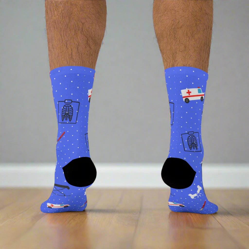 Blue Emergency Medicine socks, ER doctor, trauma surgeon, ER nurse, ER tech, paramedic gift.