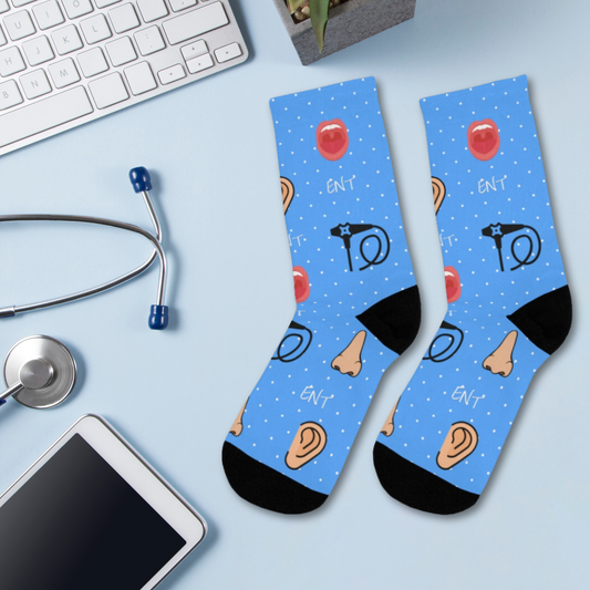 Blue ENT socks, Ear nose and throat doctor, doctor socks, Otoscope, otolaryngology, endoscope, nose doctor, nose surgeon, throat surgeon, ear surgeon,