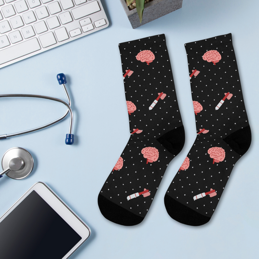 Black Brain and reflex hammer white socks, Neurology, Neurologist socks, Neurosurgery, Brain