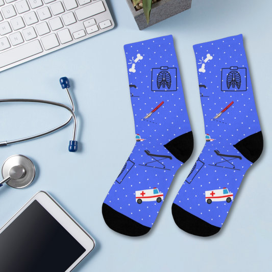 Blue Emergency Medicine socks, ER doctor, trauma surgeon, ER nurse, ER tech, paramedic gift.