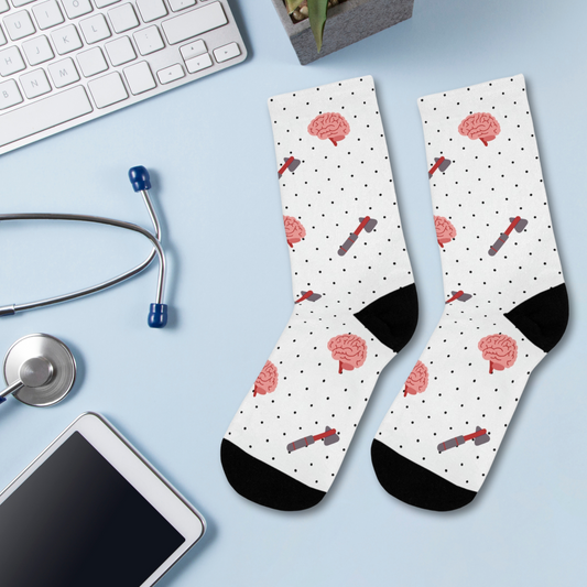 Brain and reflex hammer white socks, Neurology, Neurologist socks, Neurosurgery, Brain