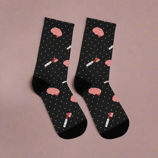 Black Brain and reflex hammer white socks, Neurology, Neurologist socks, Neurosurgery, Brain