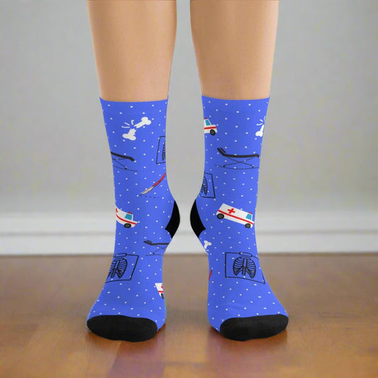 Blue Emergency Medicine socks, ER doctor, trauma surgeon, ER nurse, ER tech, paramedic gift.